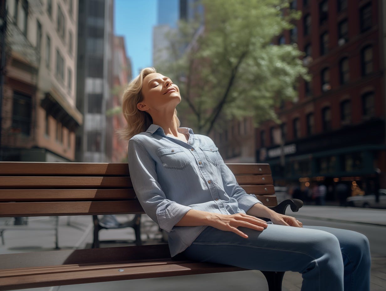 Woman sitting on a bench in Manhattan, meditating.
