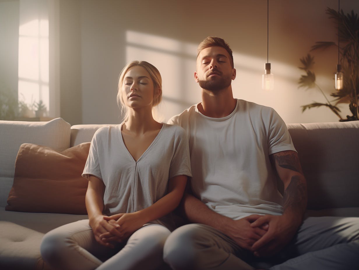 Couple meditating on a couch in their living room.