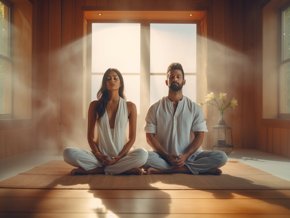 Couple meditating on a mat in a yoga studio.