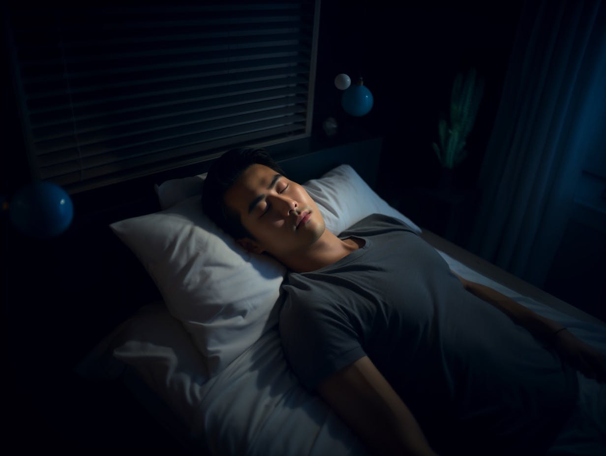 Man falling asleep while meditating in bed.