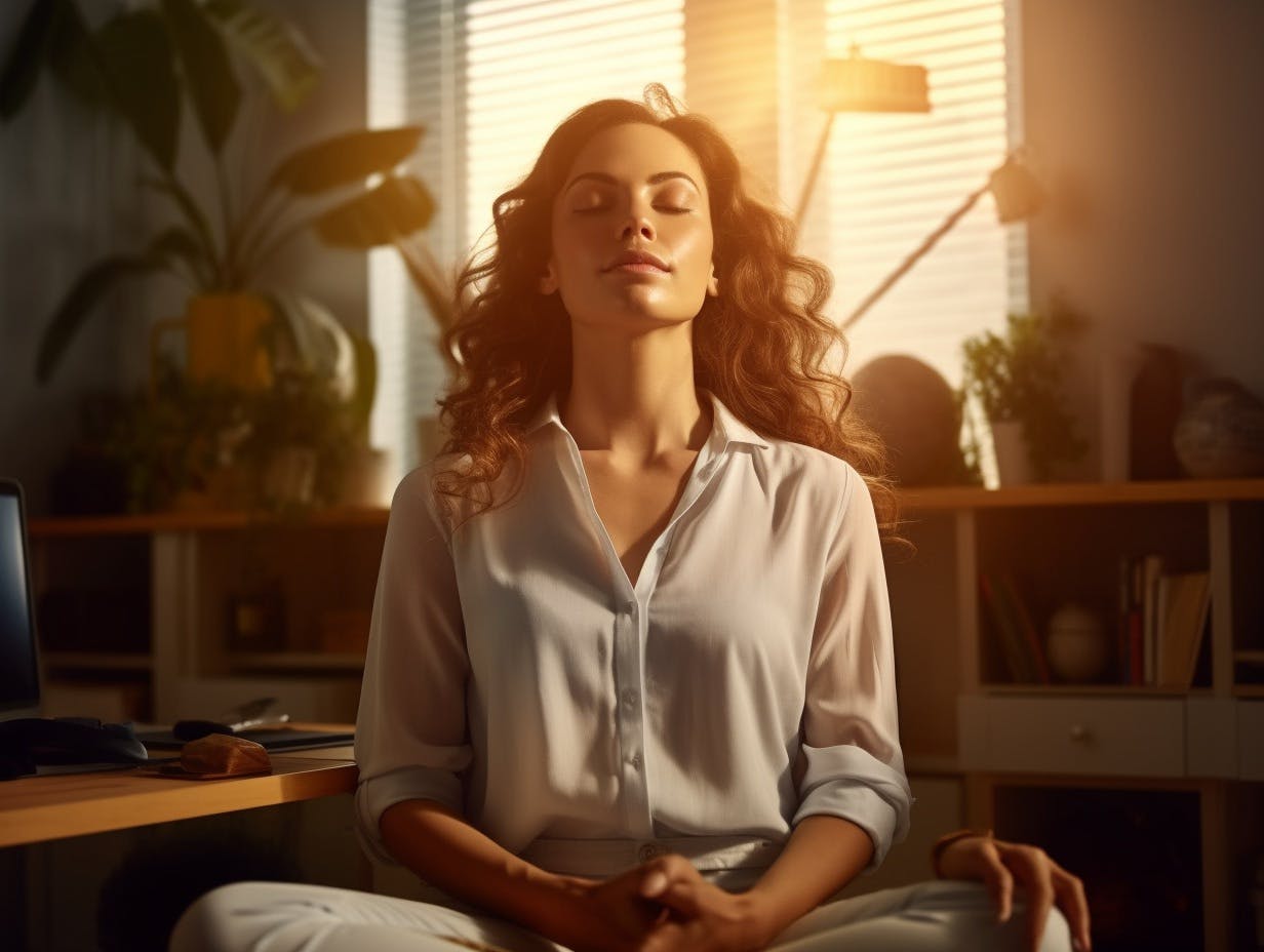 Woman meditating in front of a window in her home.