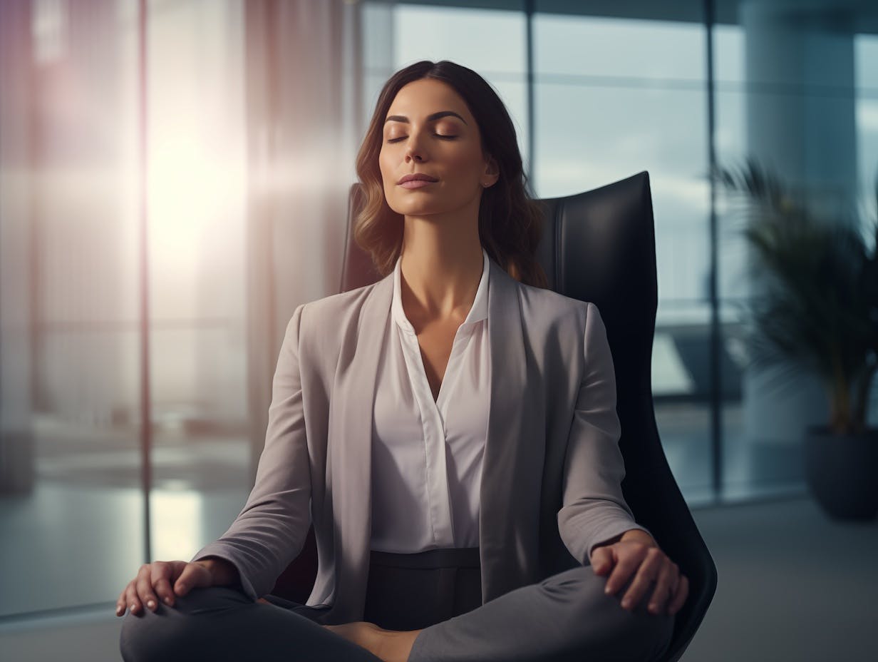 Woman meditating on a chair in her office.