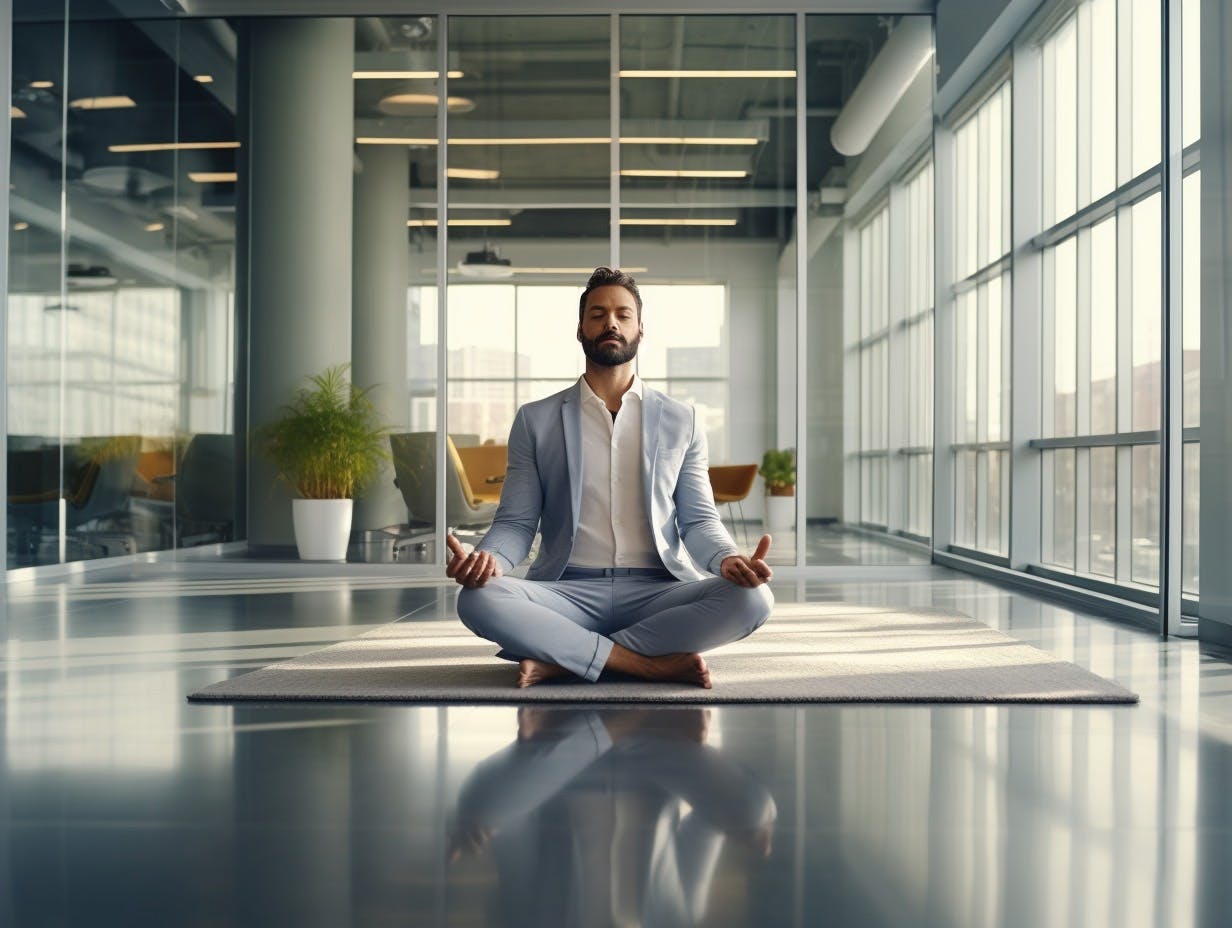 Man wearing a suit, meditating on the floor in his office.